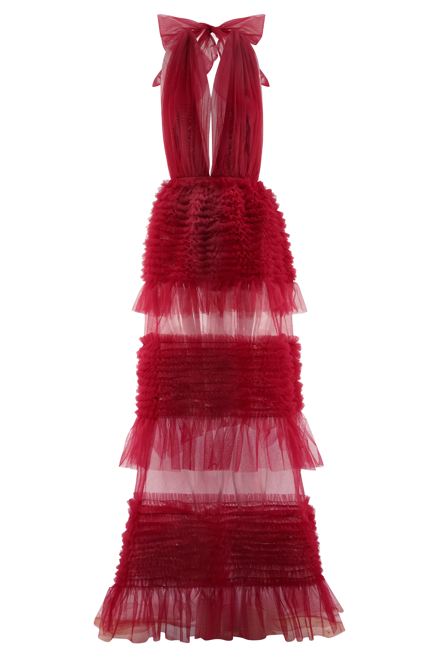 Minka Mesh Ruffle Halter Maxi Dress - Red