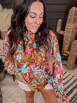 Mocha Tropical Mock Neck Printed Blouse