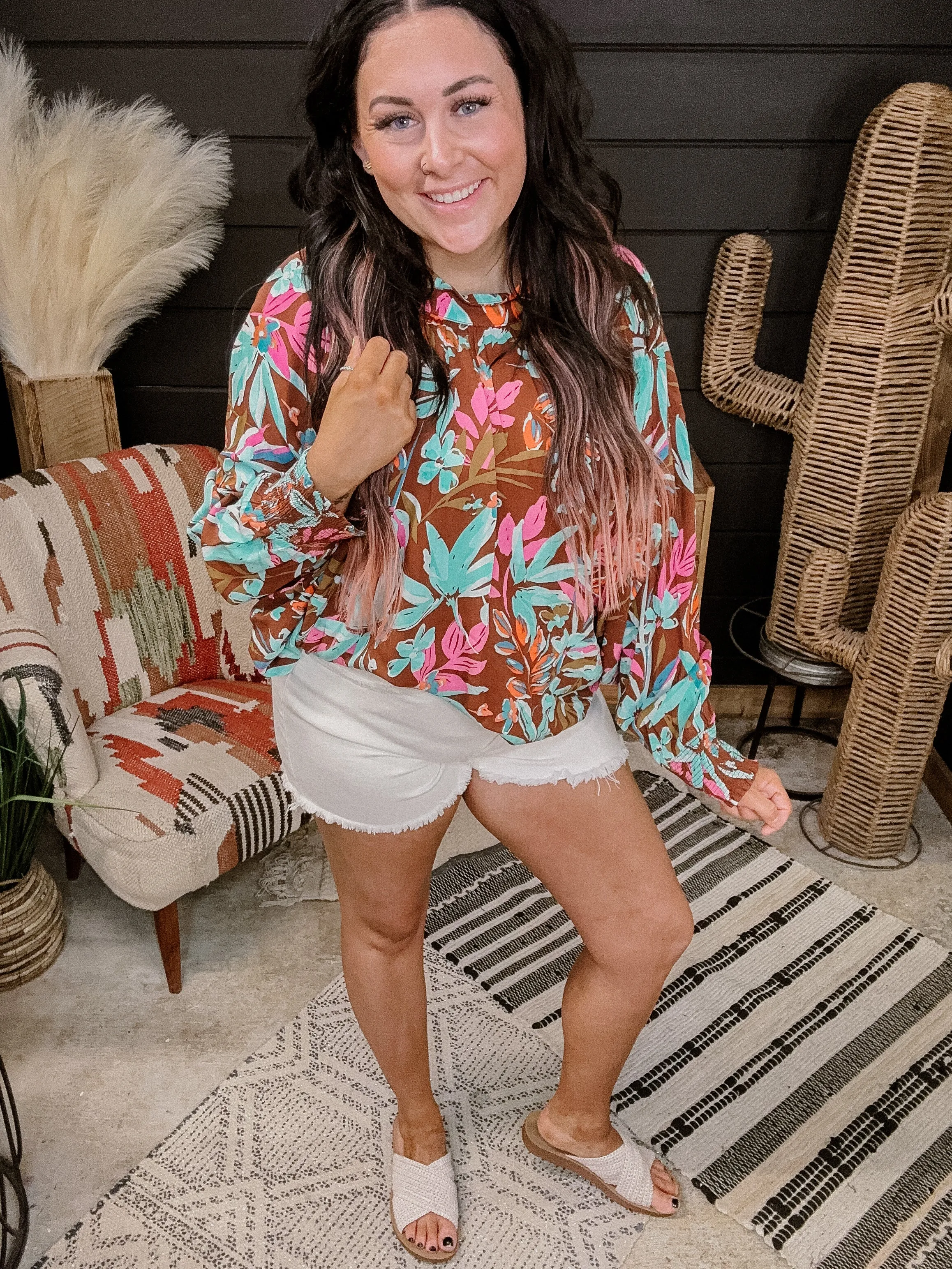 Mocha Tropical Mock Neck Printed Blouse