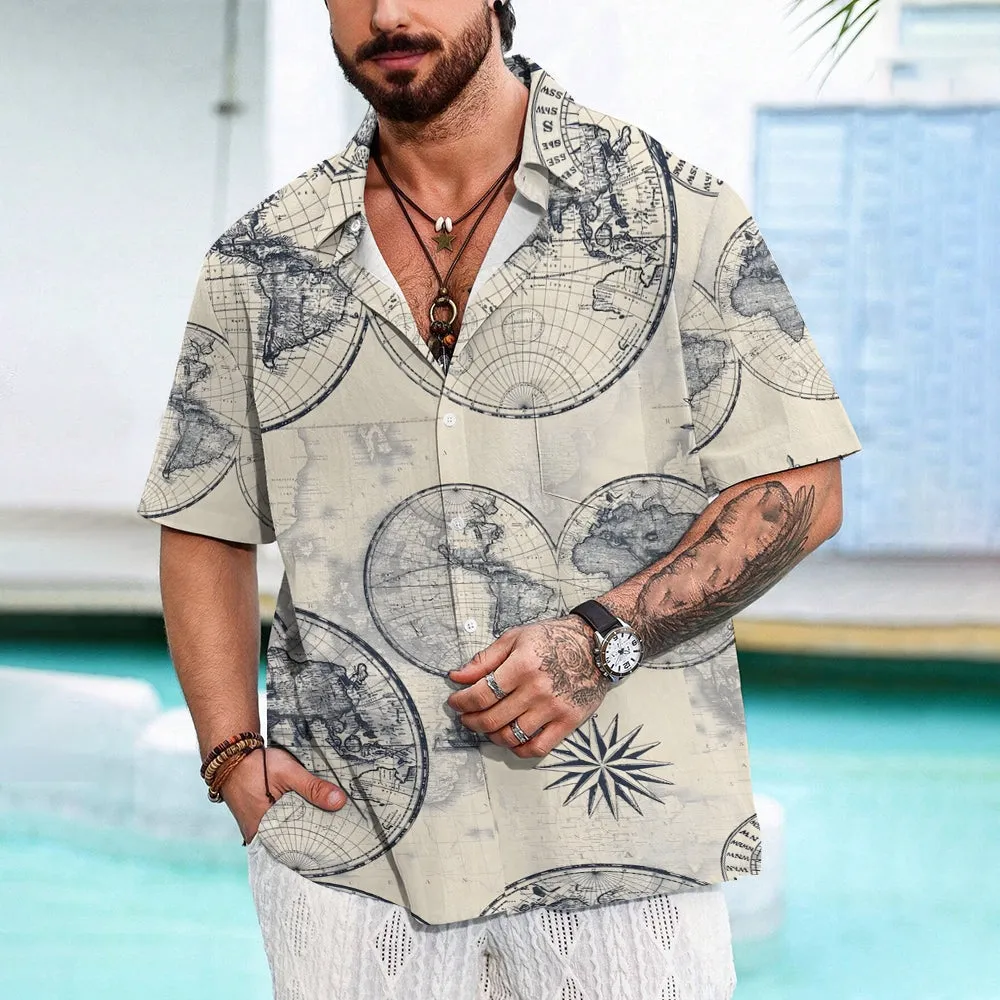 Nautical World Map Printed Casual Oversized Short Sleeve Shirt 2407000611