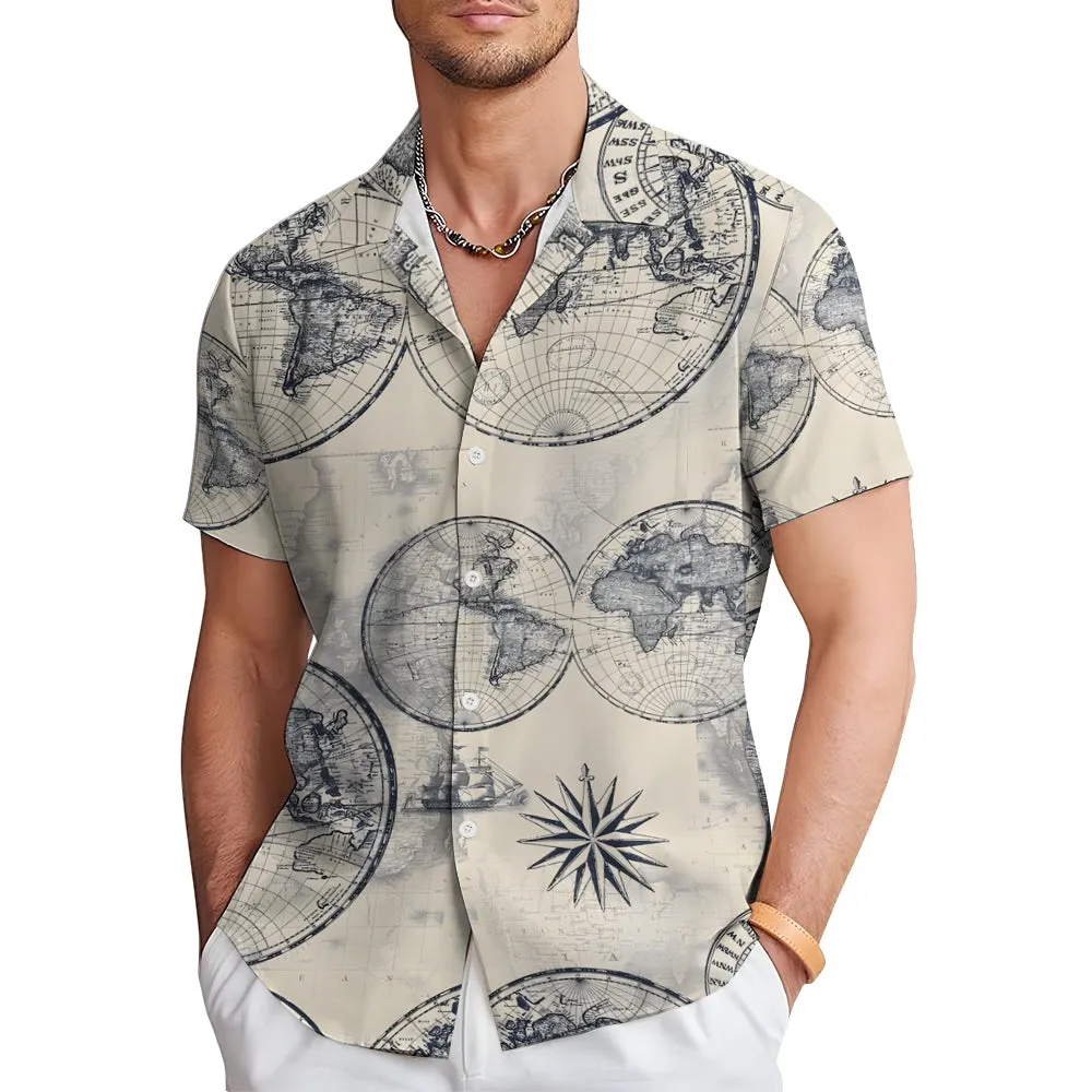 Nautical World Map Printed Casual Oversized Short Sleeve Shirt 2407000611