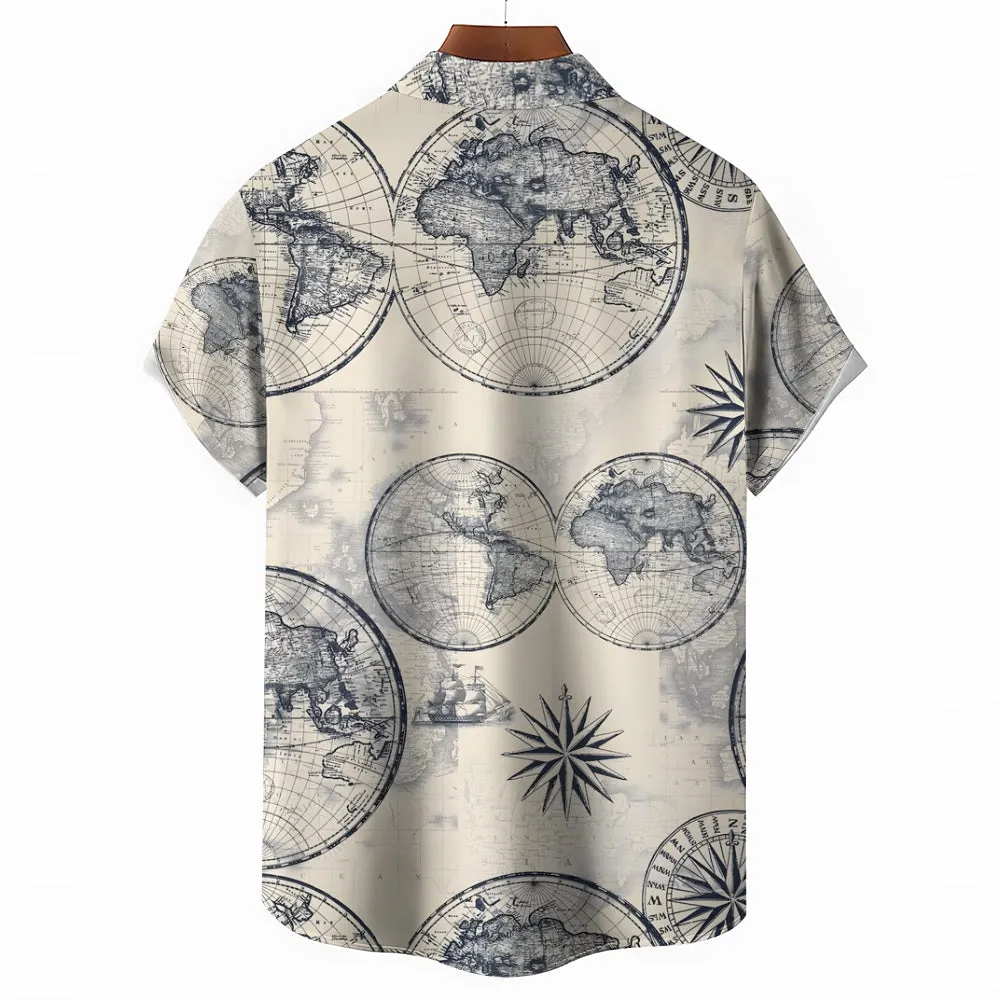Nautical World Map Printed Casual Oversized Short Sleeve Shirt 2407000611