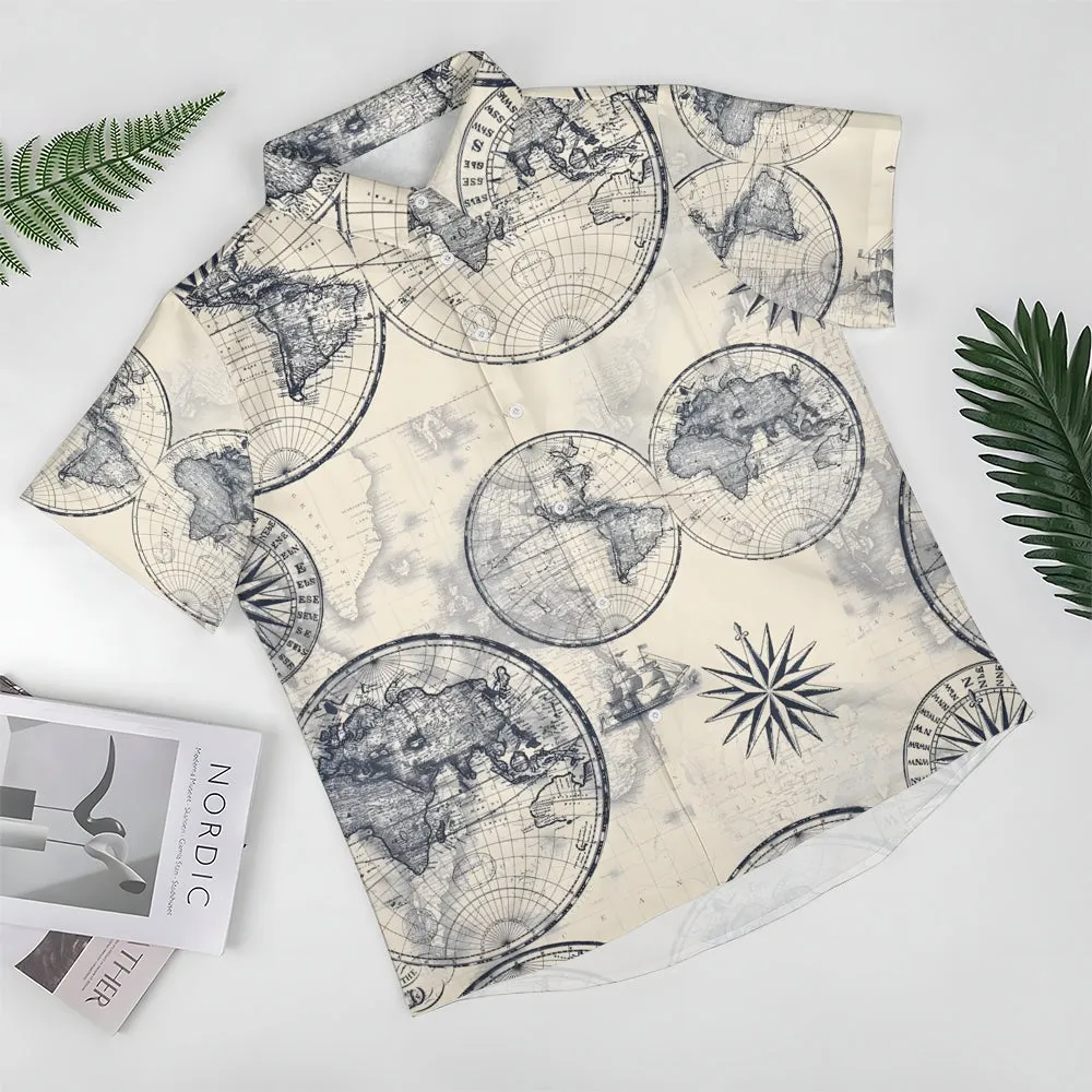 Nautical World Map Printed Casual Oversized Short Sleeve Shirt 2407000611