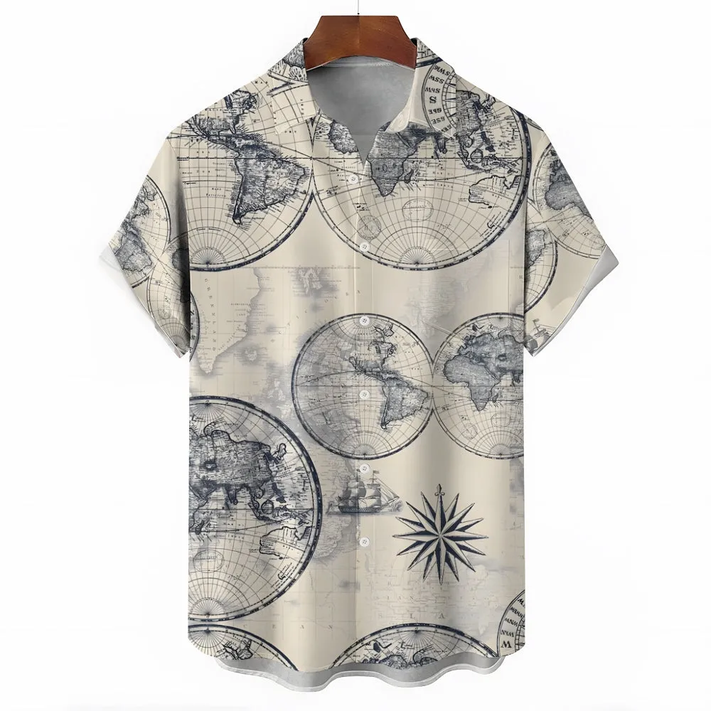Nautical World Map Printed Casual Oversized Short Sleeve Shirt 2407000611