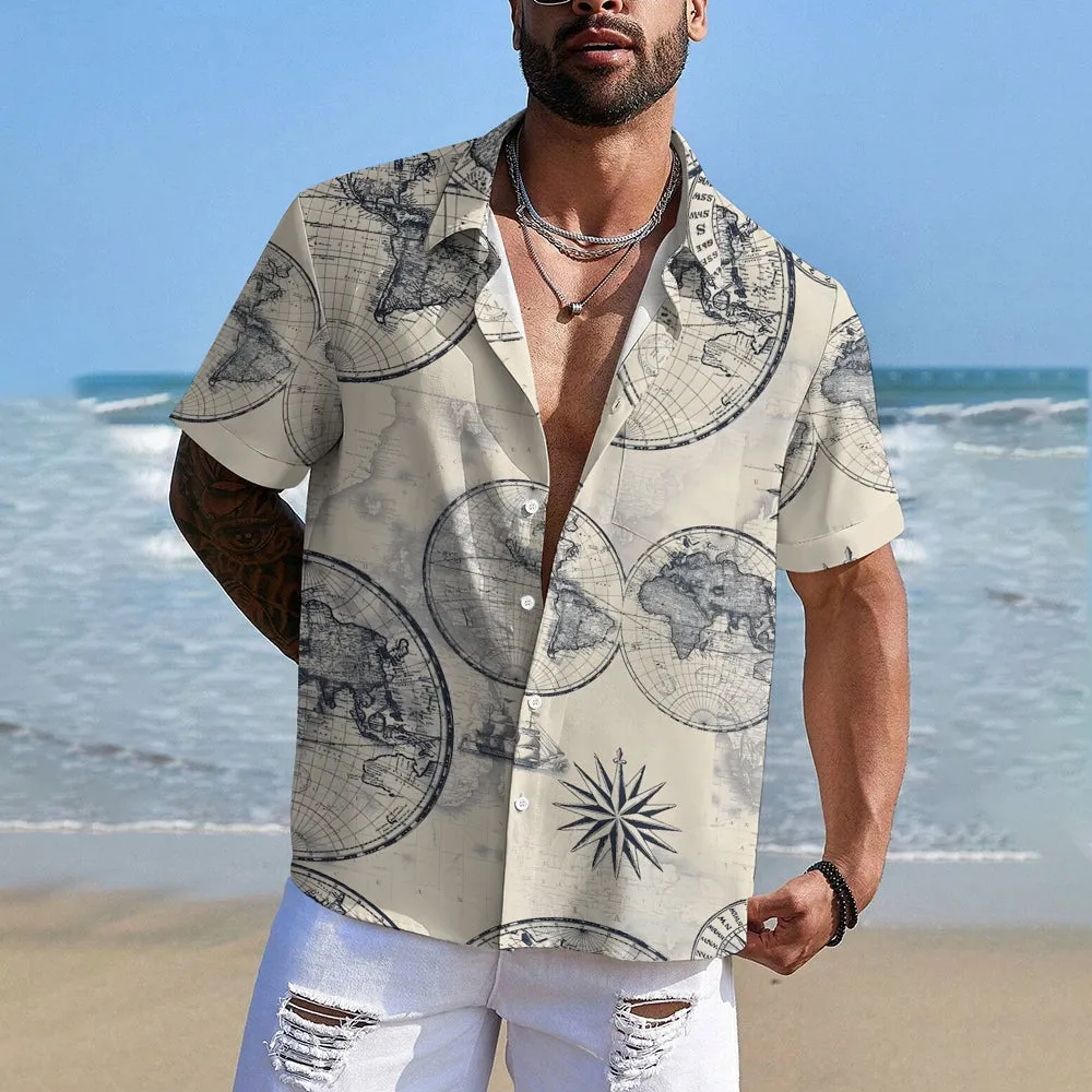 Nautical World Map Printed Casual Oversized Short Sleeve Shirt 2407000611