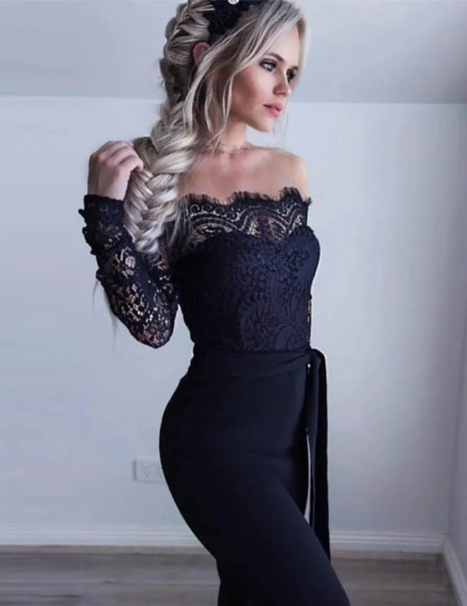 New Black Falling Shoulder Lace Stitching Fashion Jumpsuit