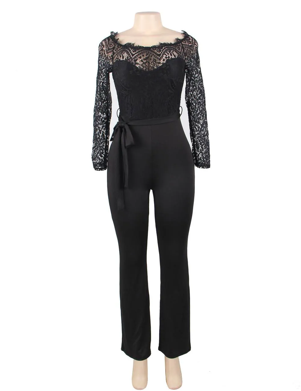 New Black Falling Shoulder Lace Stitching Fashion Jumpsuit
