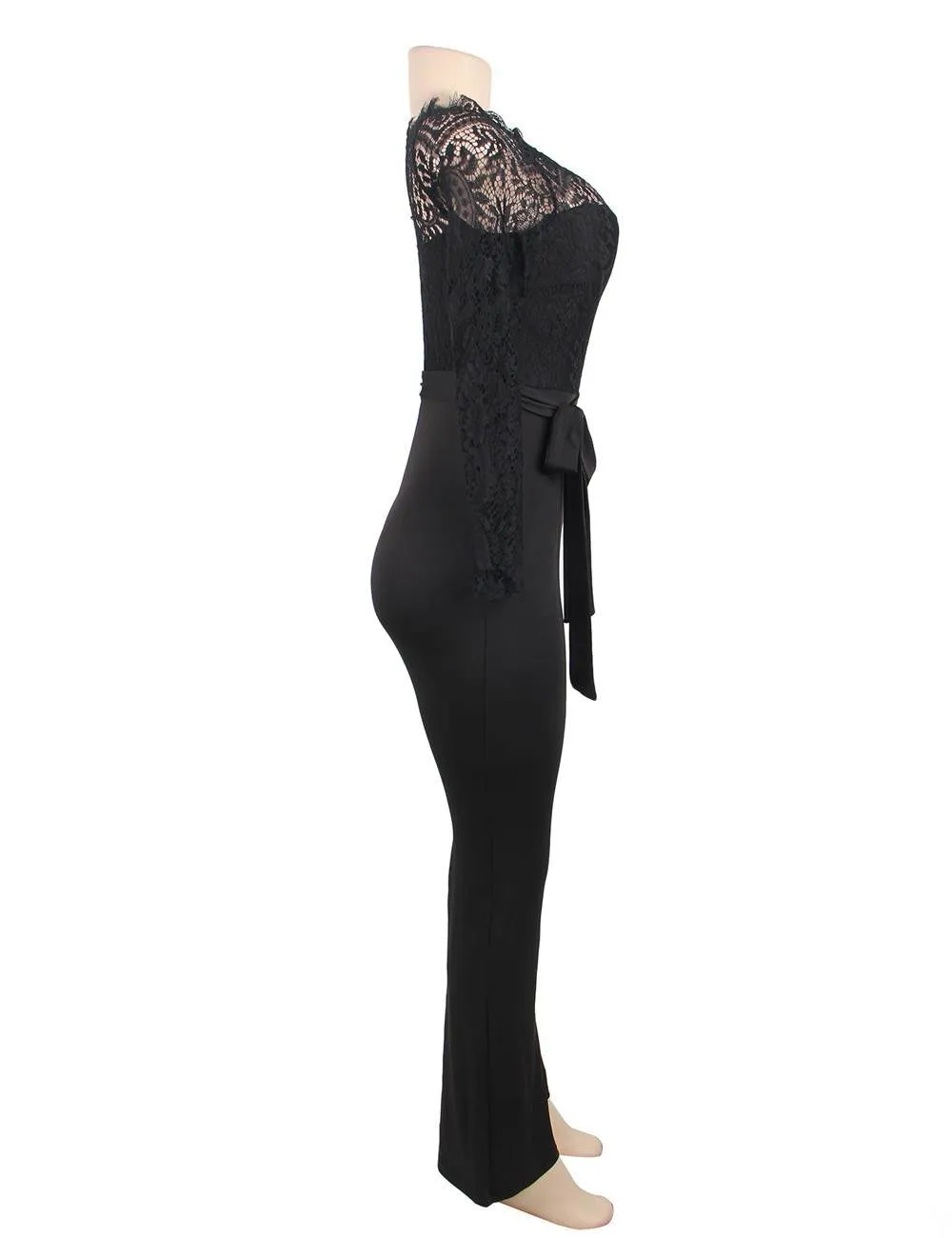 New Black Falling Shoulder Lace Stitching Fashion Jumpsuit