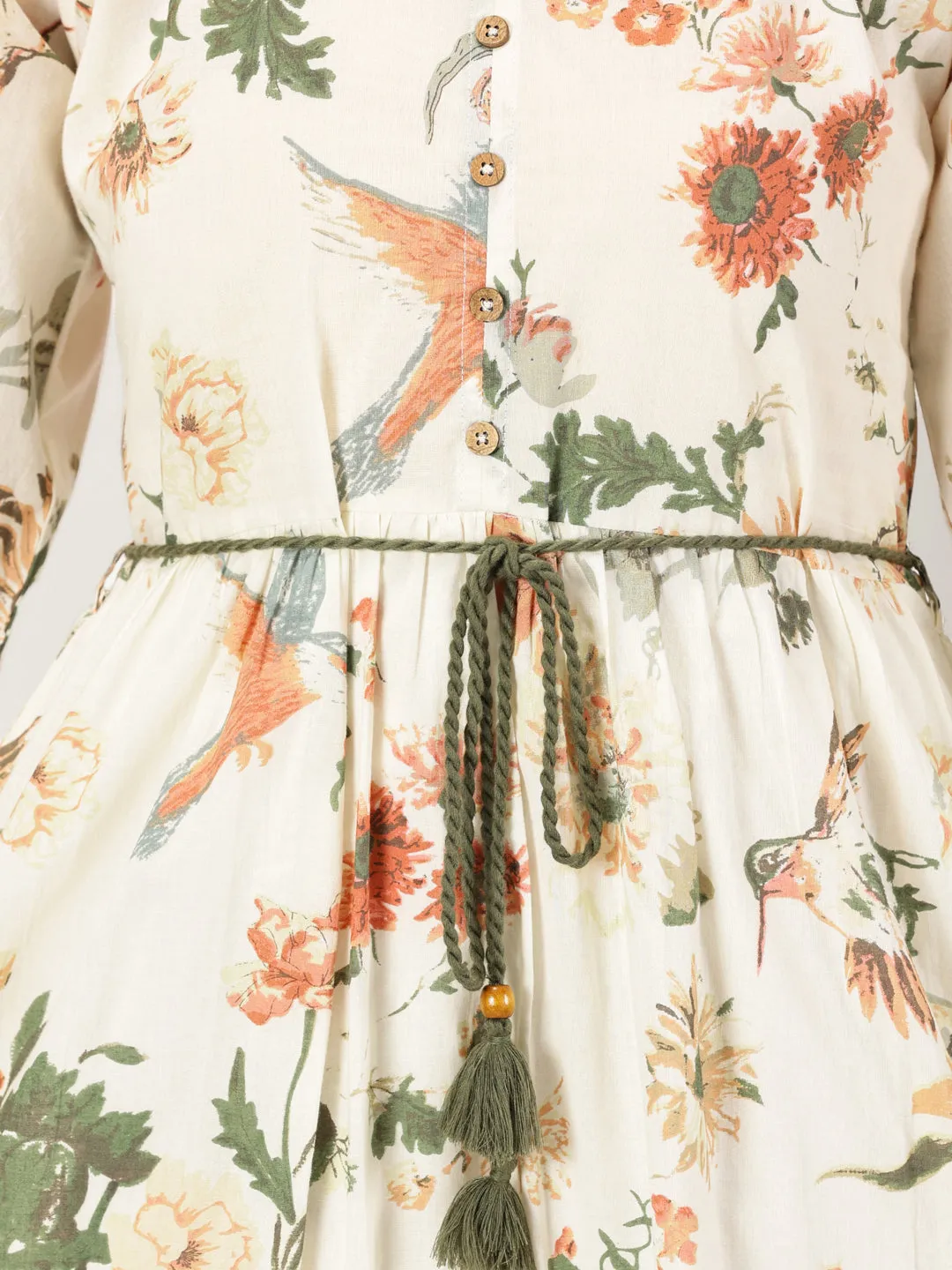 Off White Tropical Print Boho Midi Dress