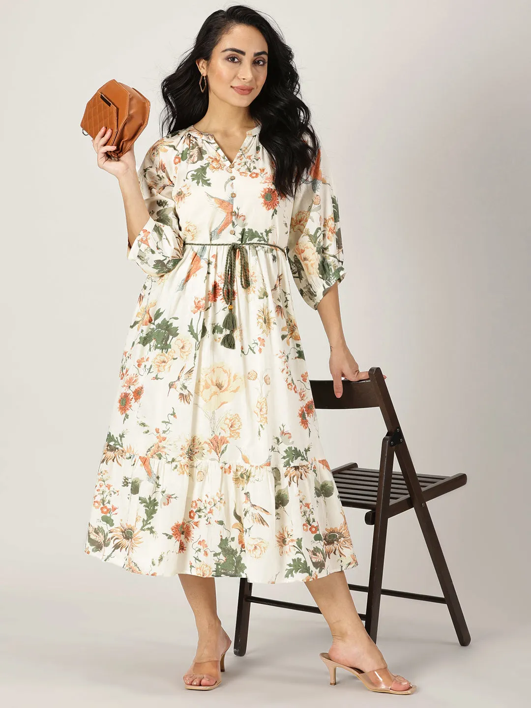 Off White Tropical Print Boho Midi Dress