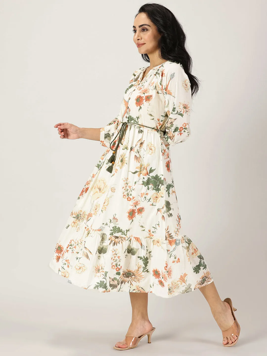 Off White Tropical Print Boho Midi Dress