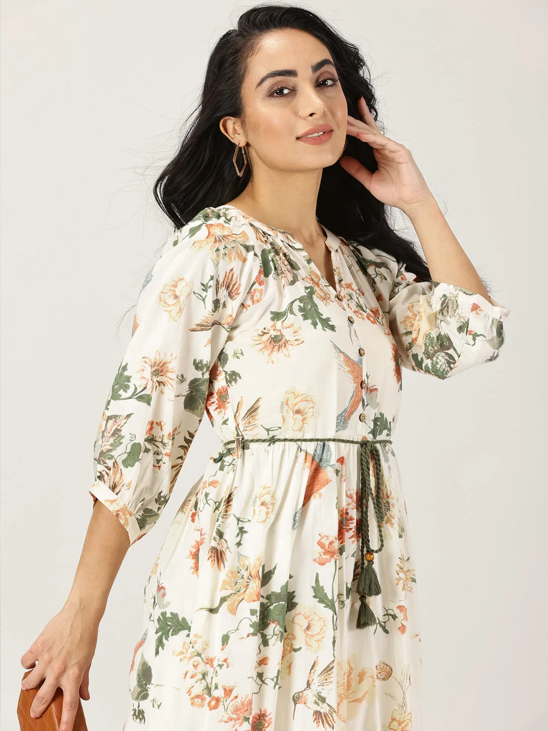 Off White Tropical Print Boho Midi Dress
