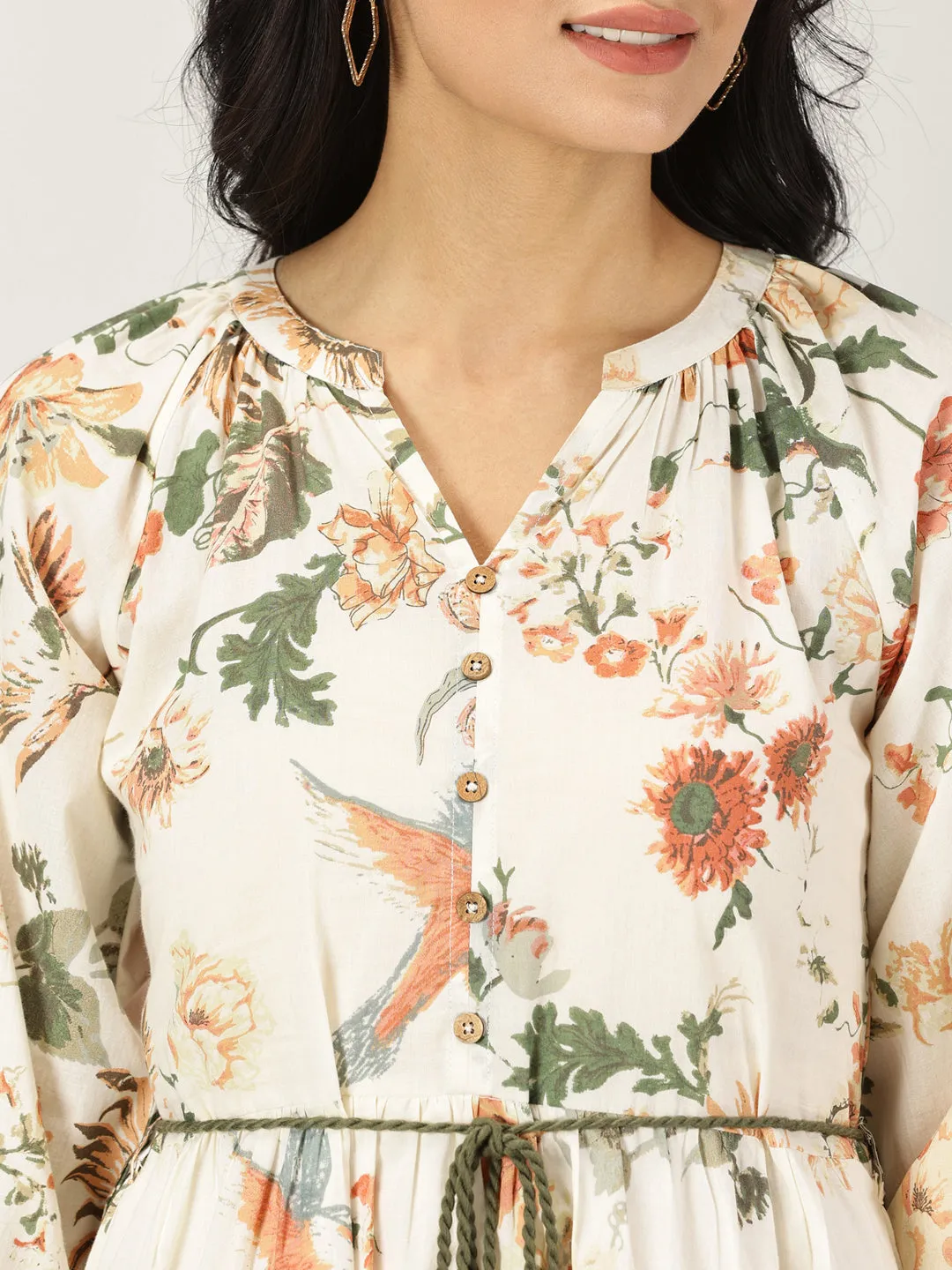 Off White Tropical Print Boho Midi Dress