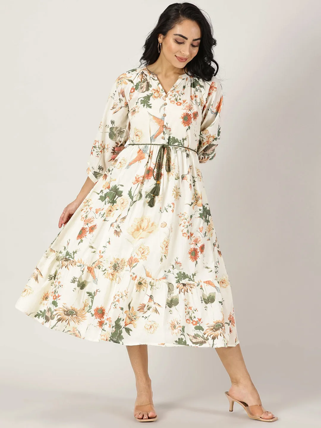 Off White Tropical Print Boho Midi Dress