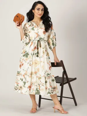 Off White Tropical Print Boho Midi Dress