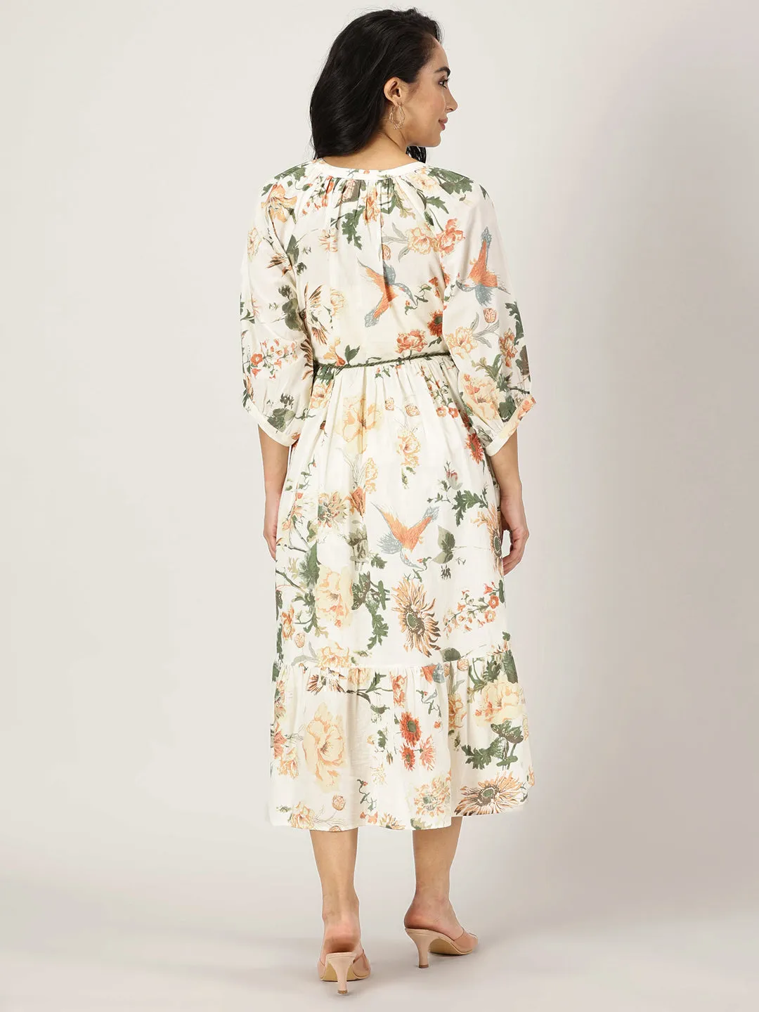 Off White Tropical Print Boho Midi Dress