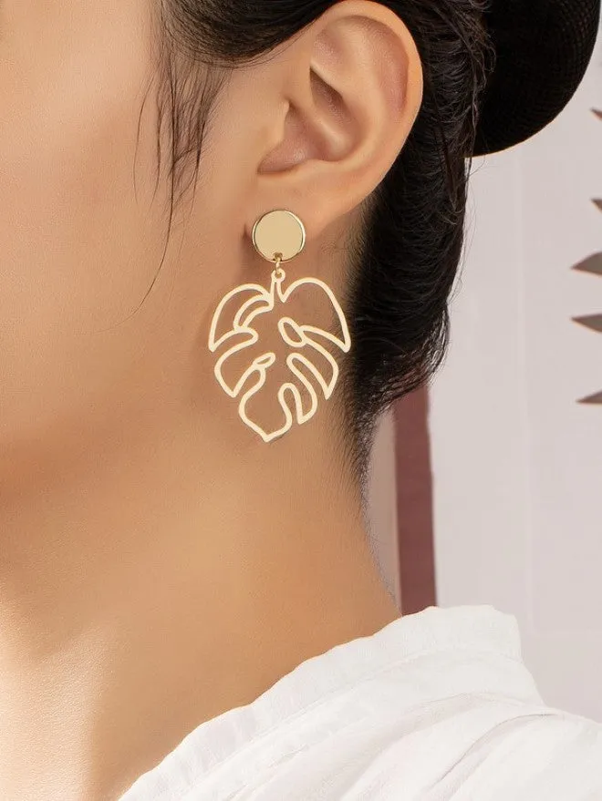 Openwork tropical monstera leaf drop earrings