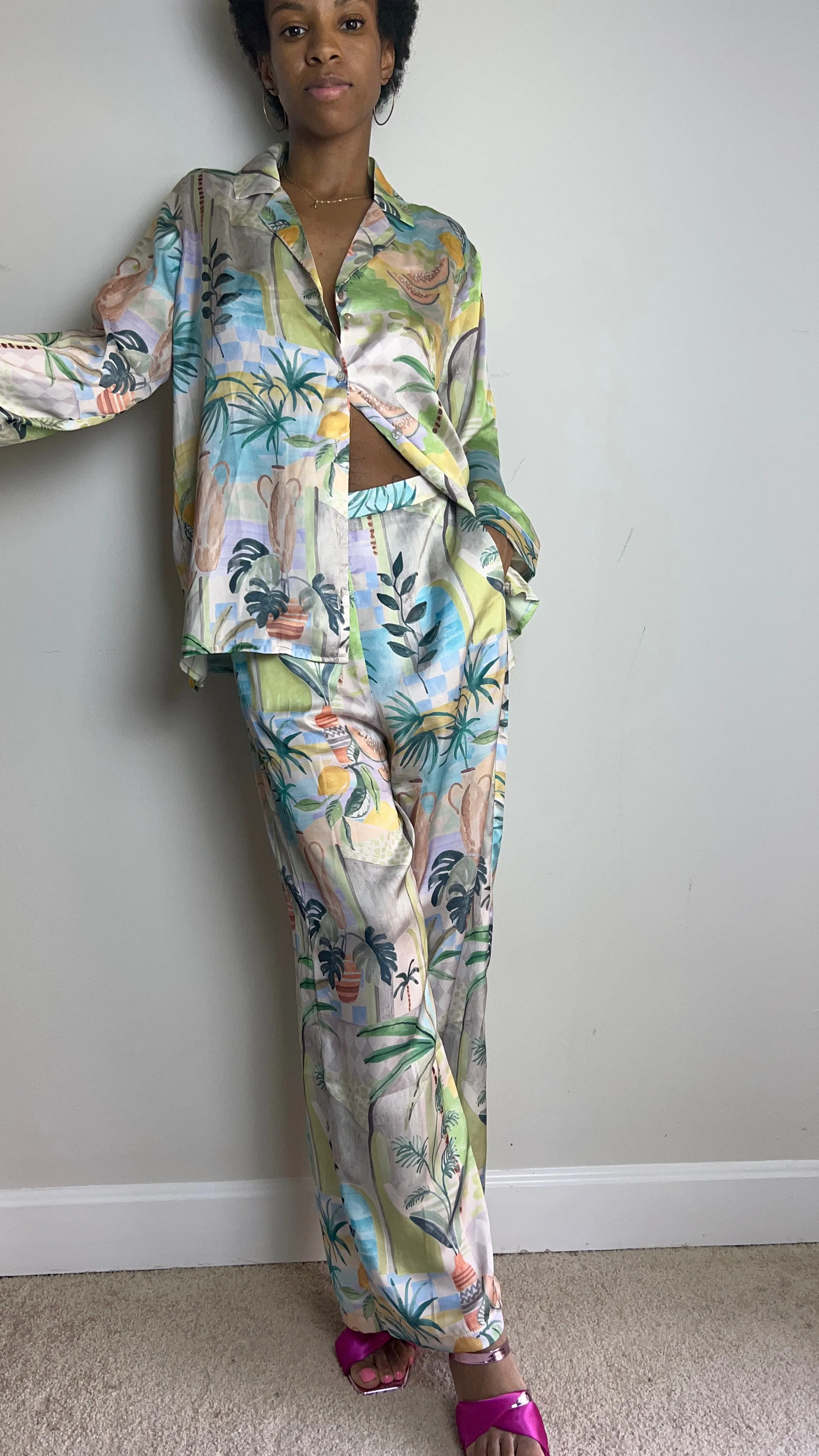 Palm Springs Tropical Print Satin Pant Set