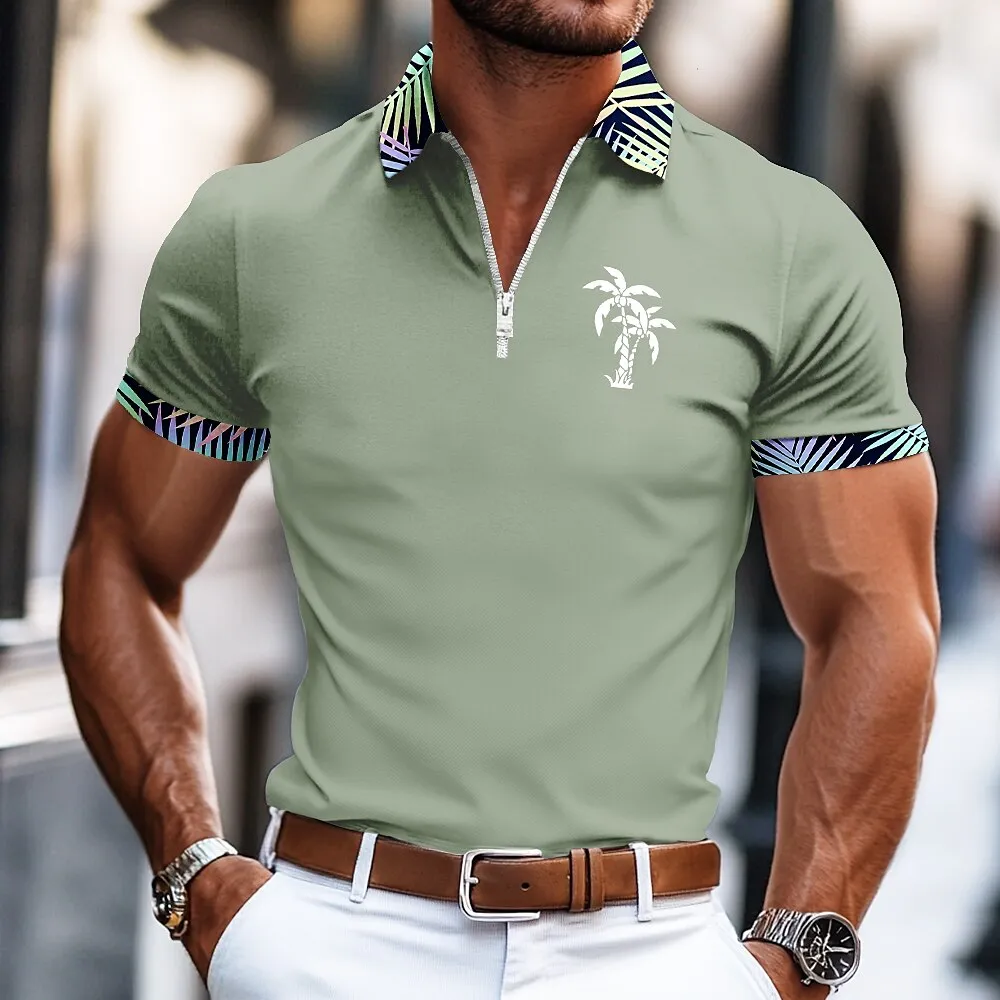 Palm Tree Zip Polo Casual Shirt Summer
