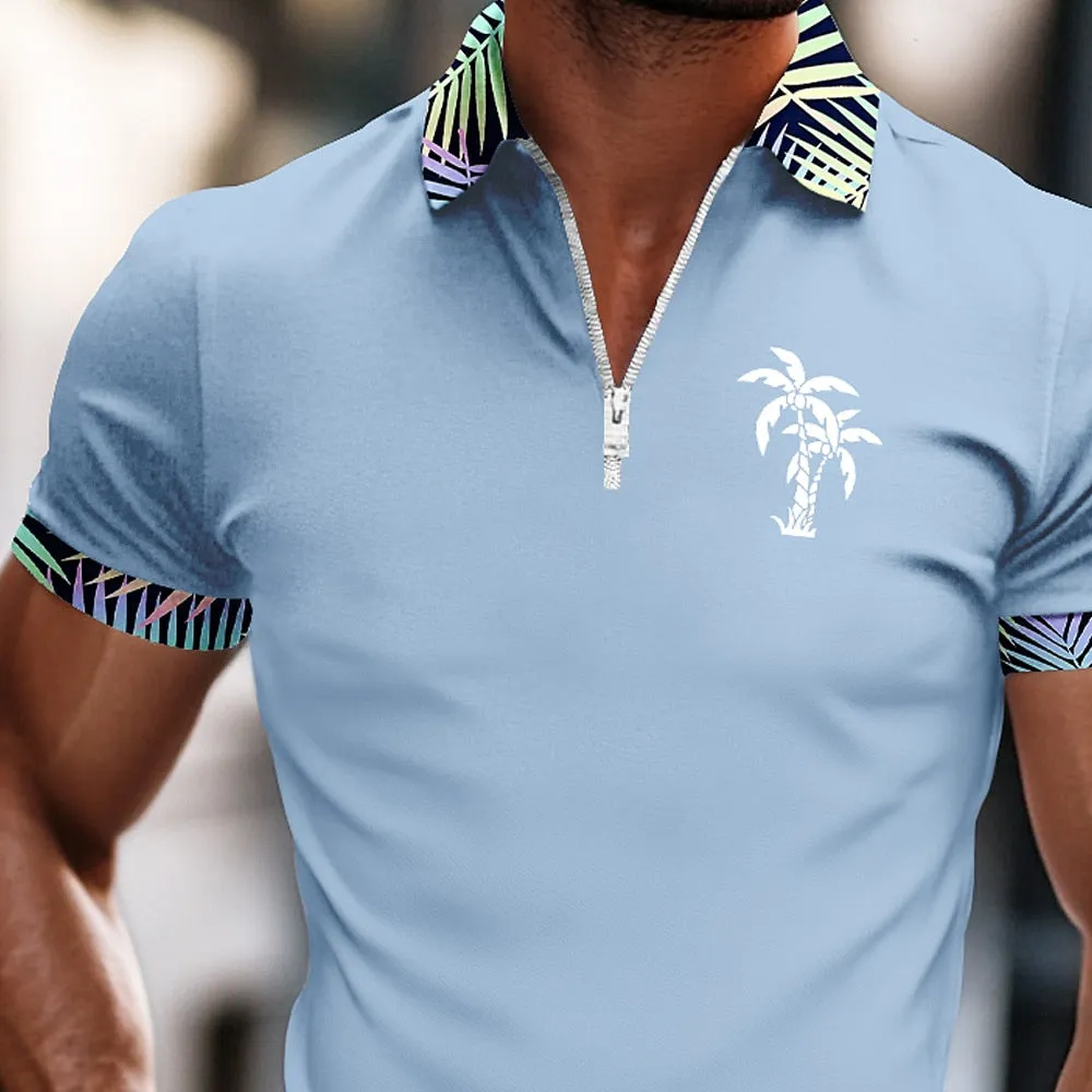 Palm Tree Zip Polo Casual Shirt Summer