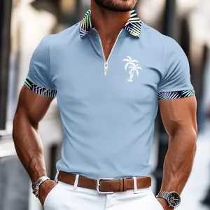 Palm Tree Zip Polo Casual Shirt Summer