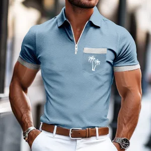 Palm Tree Zip Summer Casual Polo Shirt