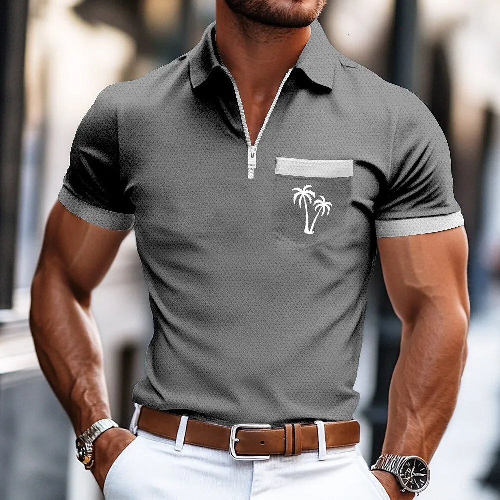 Palm Tree Zip Summer Casual Polo Shirt