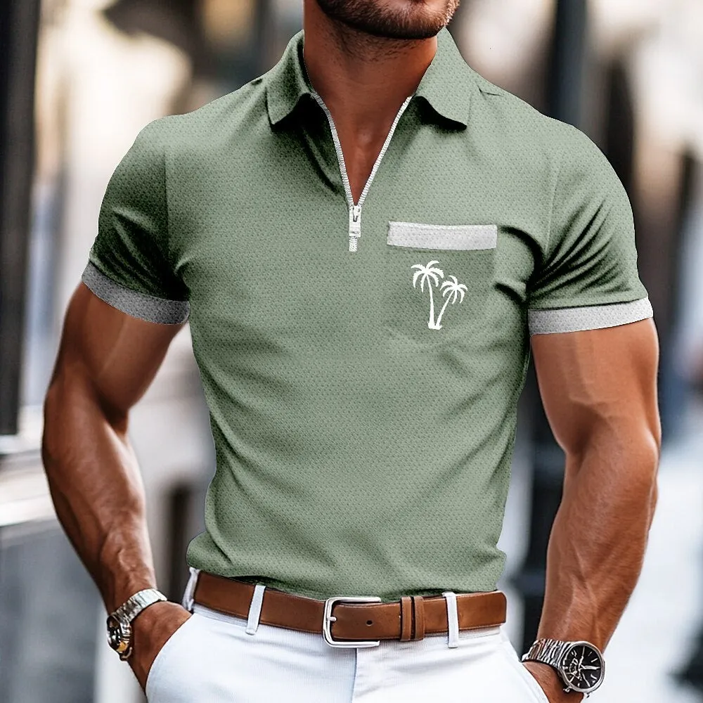 Palm Tree Zip Summer Casual Polo Shirt