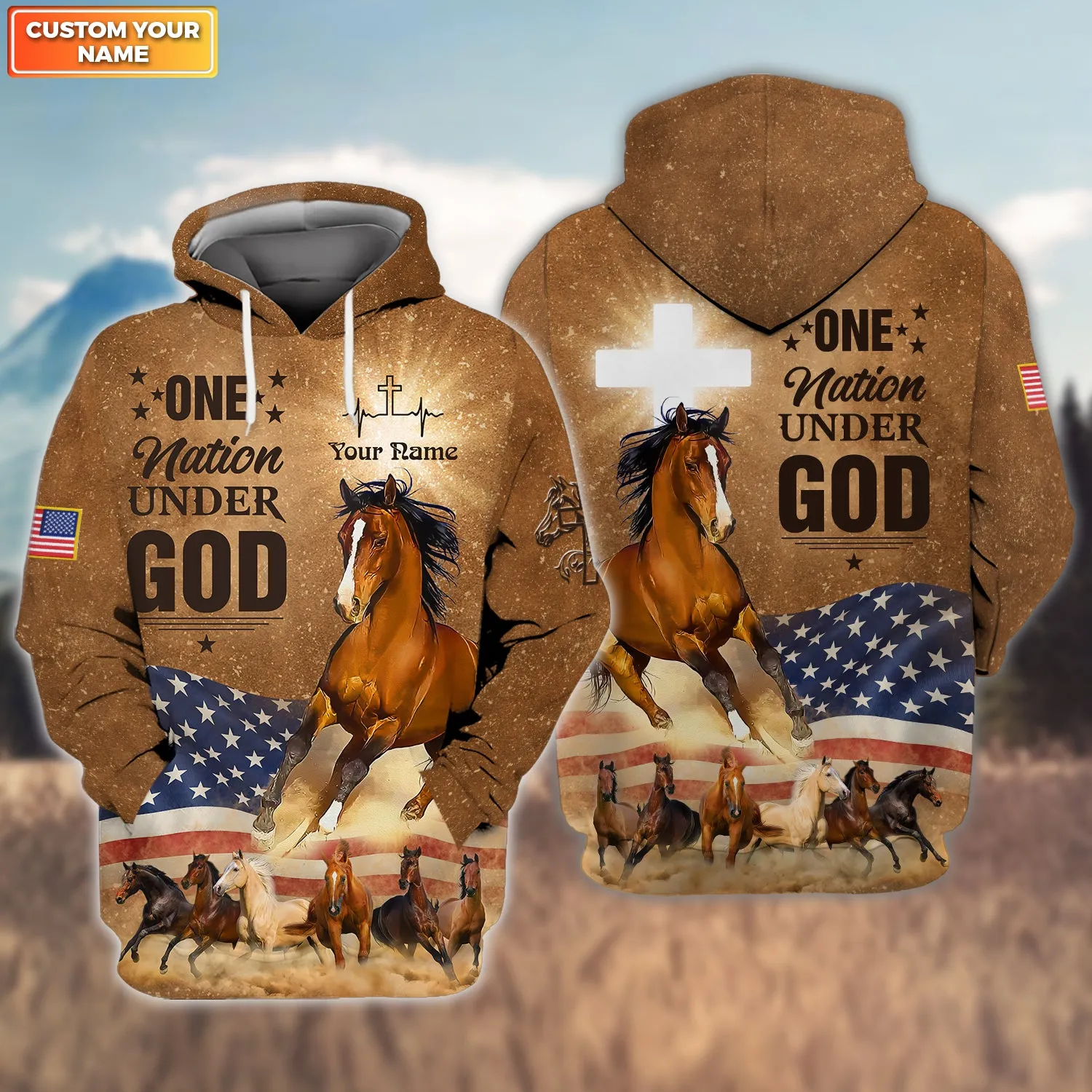 Personalized Horse Jesus One Nation Under God 3D All Over Printed Hoodie Tshirt