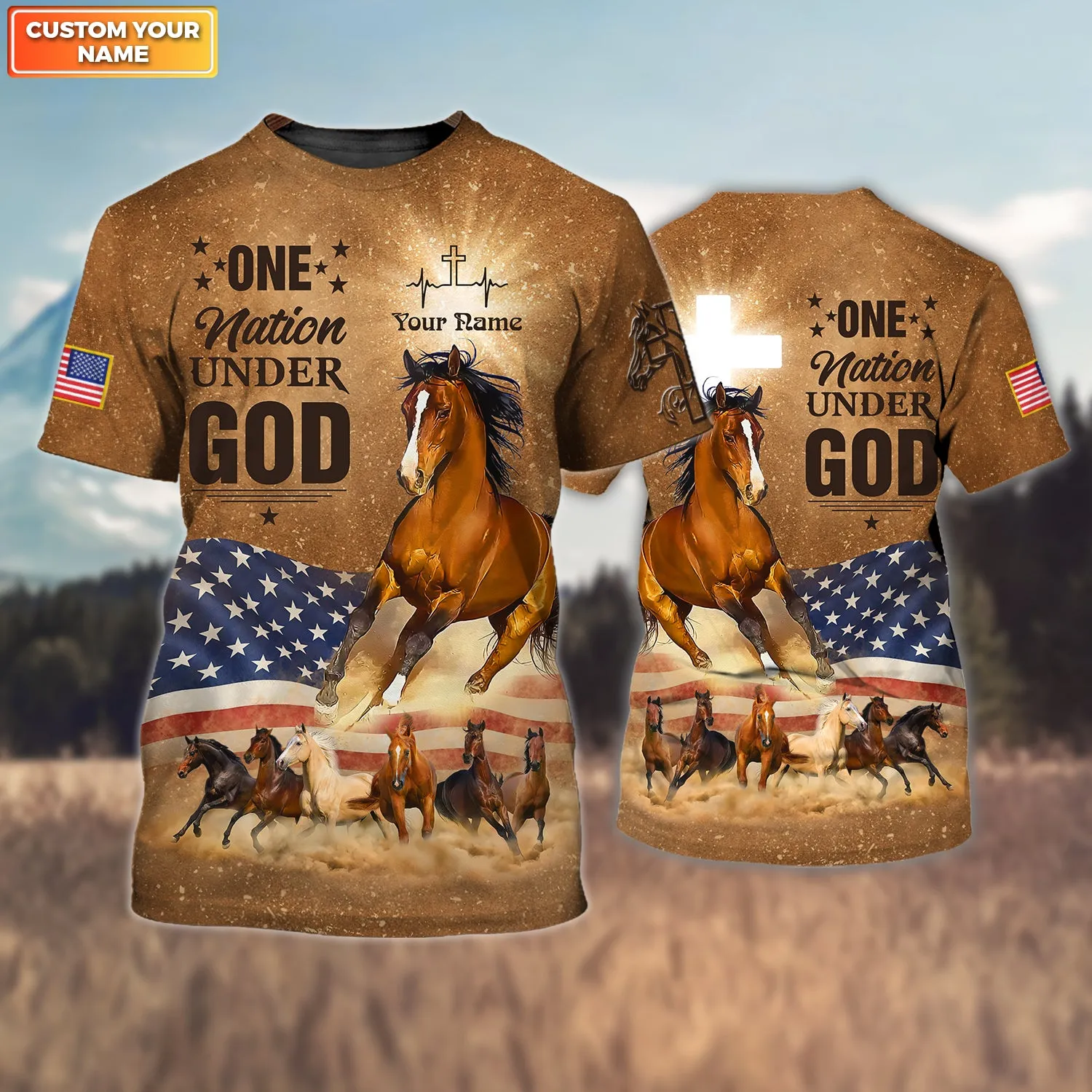 Personalized Horse Jesus One Nation Under God 3D All Over Printed Hoodie Tshirt