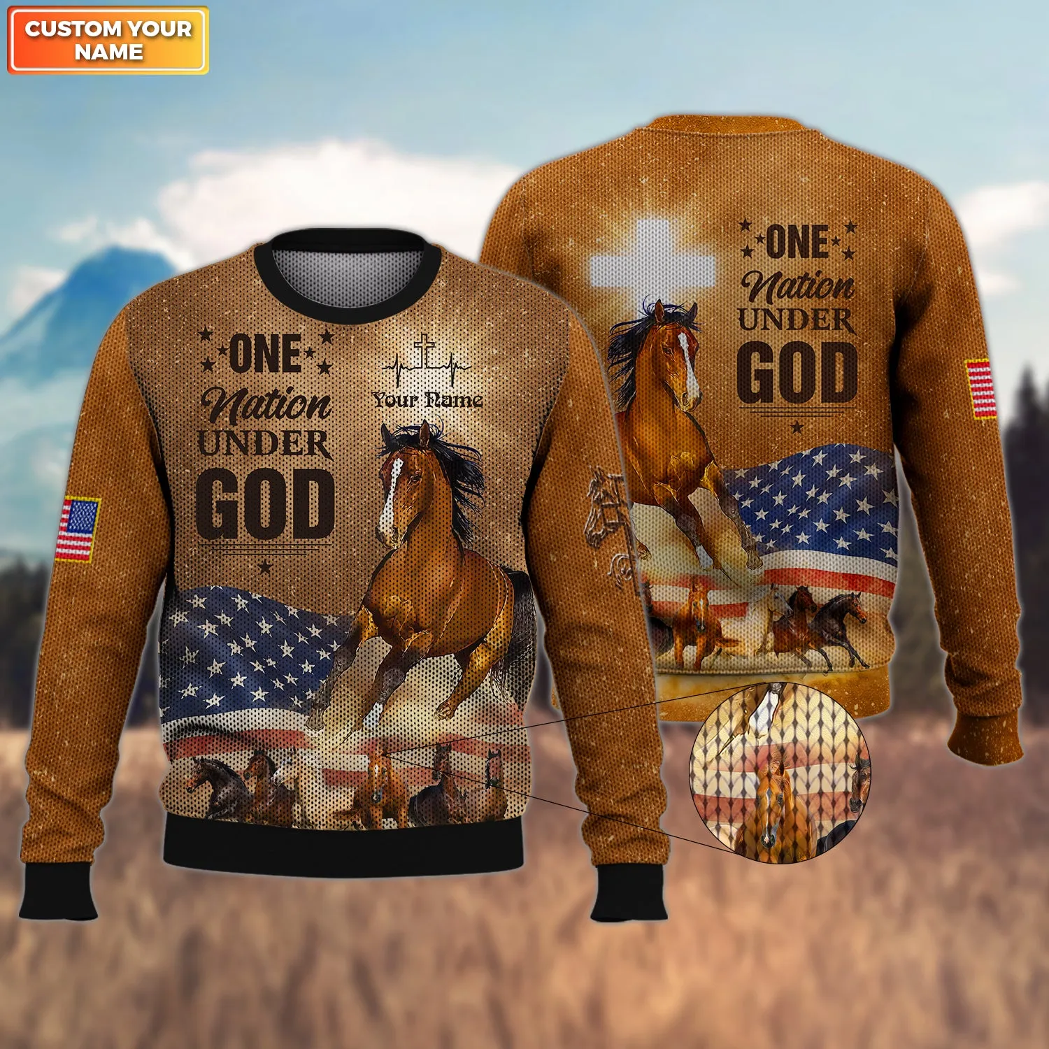 Personalized Horse Jesus One Nation Under God 3D All Over Printed Hoodie Tshirt