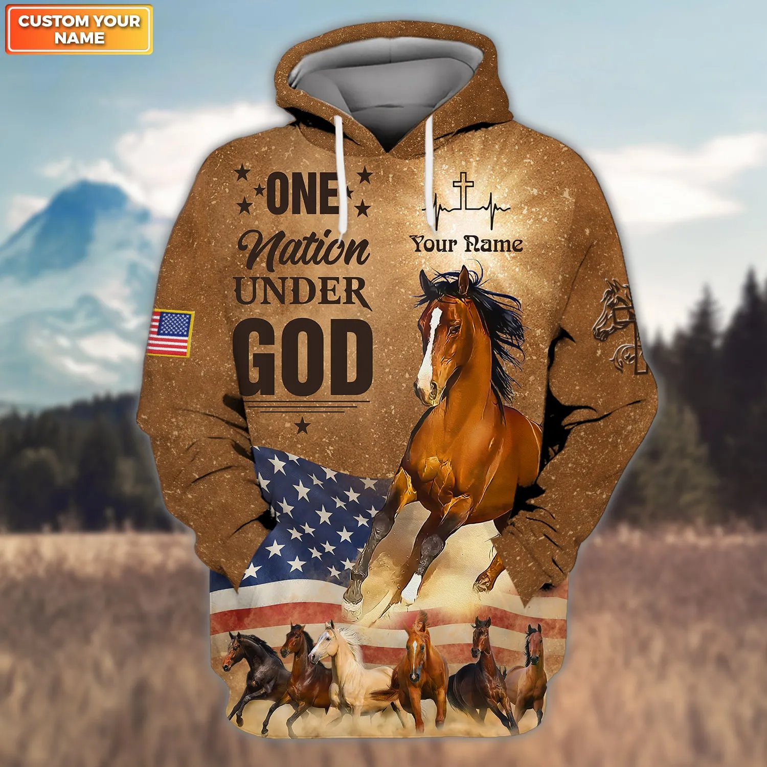 Personalized Horse Jesus One Nation Under God 3D All Over Printed Hoodie Tshirt