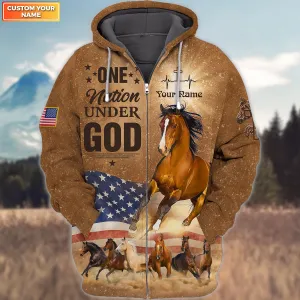 Personalized Horse Jesus One Nation Under God 3D All Over Printed Hoodie Tshirt