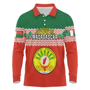 Personalized Madagascar Long Sleeve Polo Shirt with Madagasikara Seal and Baobab African Pattern LT01