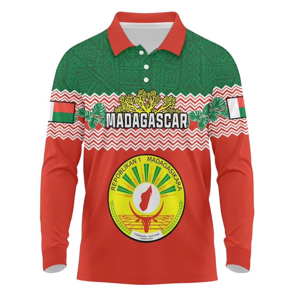 Personalized Madagascar Long Sleeve Polo Shirt with Madagasikara Seal and Baobab African Pattern LT01