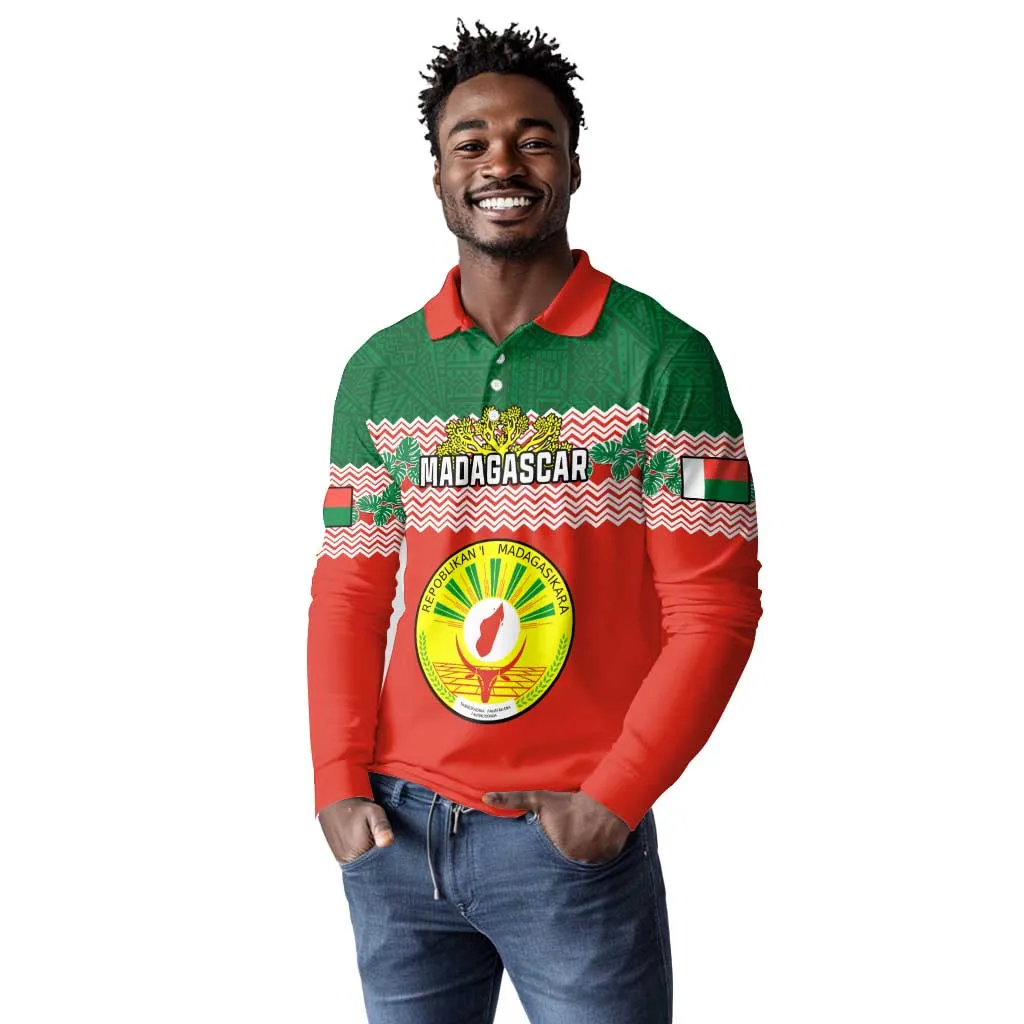 Personalized Madagascar Long Sleeve Polo Shirt with Madagasikara Seal and Baobab African Pattern LT01