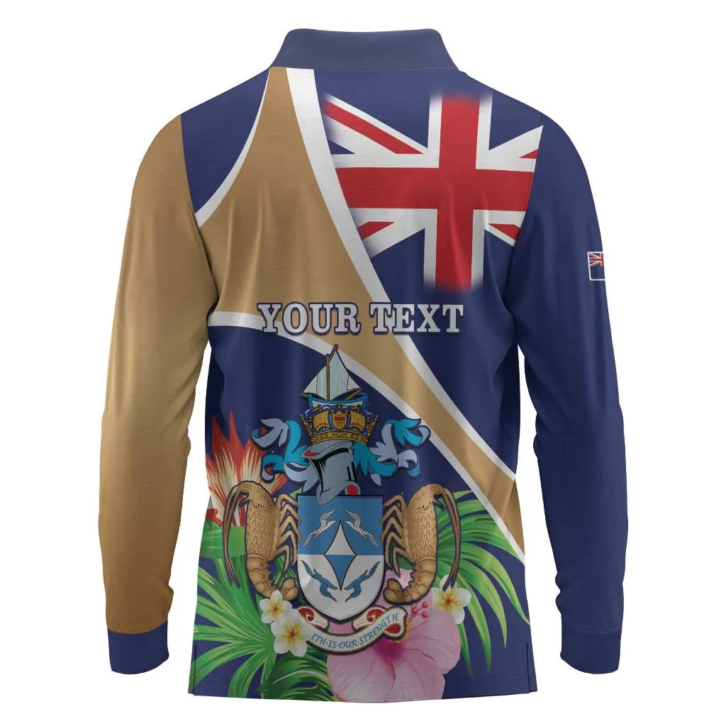 Personalized Tristan da Cunha Long Sleeve Polo Shirt Coat Of Arms Tropical Flowers LT15