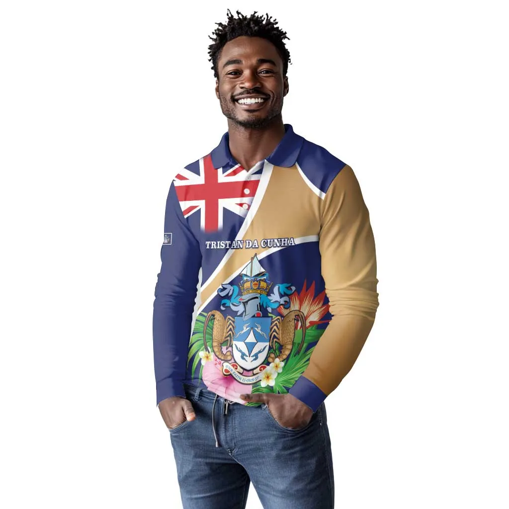 Personalized Tristan da Cunha Long Sleeve Polo Shirt Coat Of Arms Tropical Flowers LT15