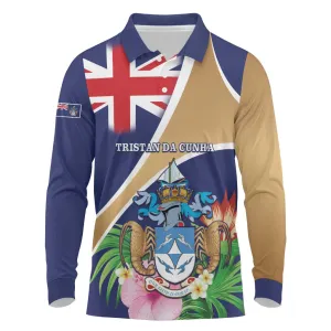 Personalized Tristan da Cunha Long Sleeve Polo Shirt Coat Of Arms Tropical Flowers LT15