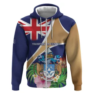 Personalized Tristan da Cunha Zip Hoodie Coat Of Arms Tropical Flowers LT15