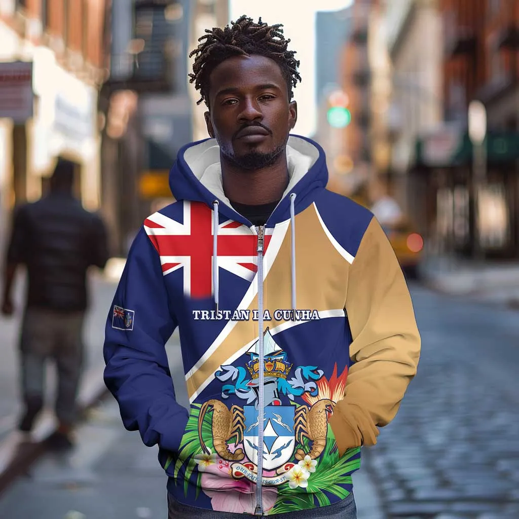 Personalized Tristan da Cunha Zip Hoodie Coat Of Arms Tropical Flowers LT15
