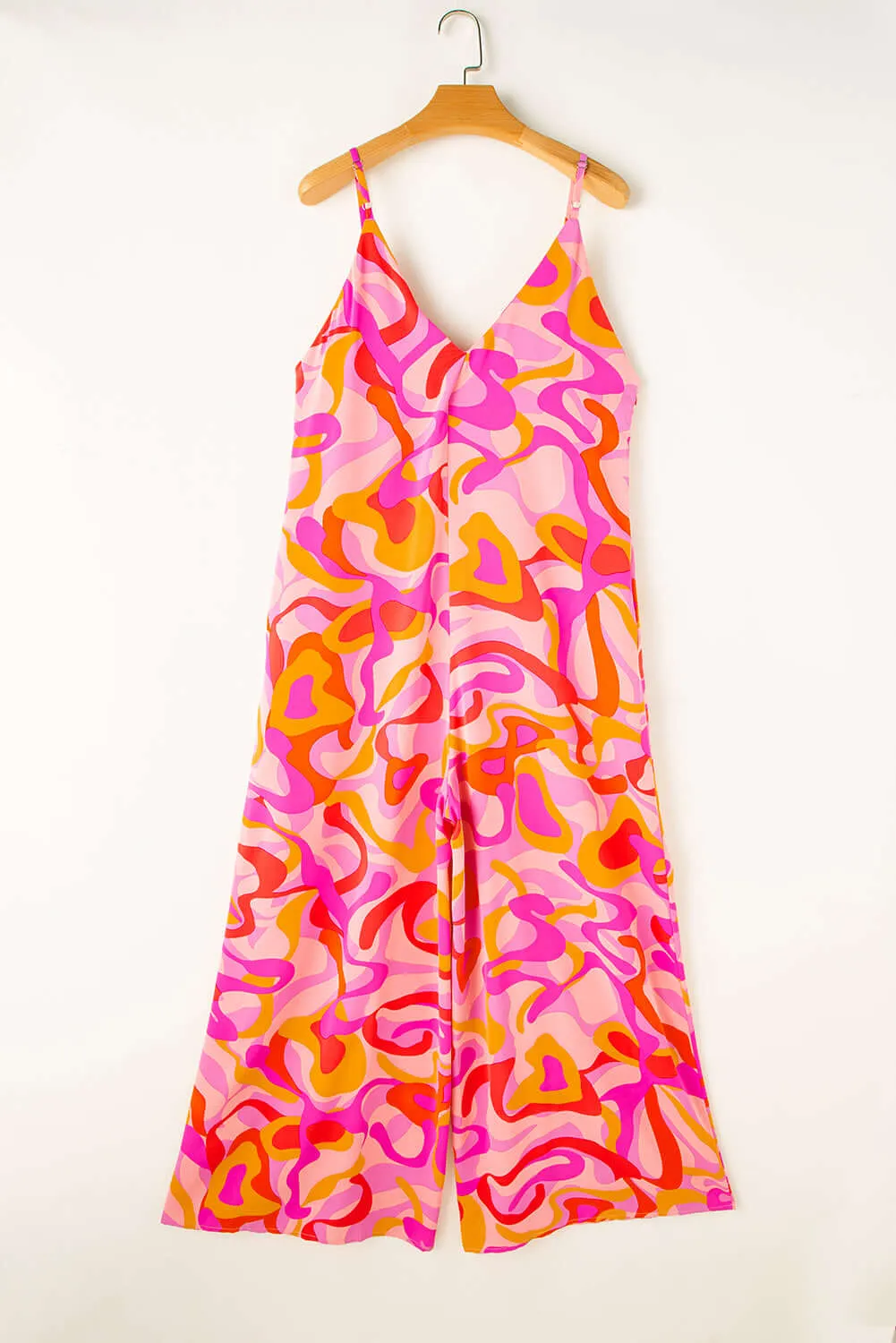 Pink Boho Abstract Print V Neck Wide Leg Jumpsuit