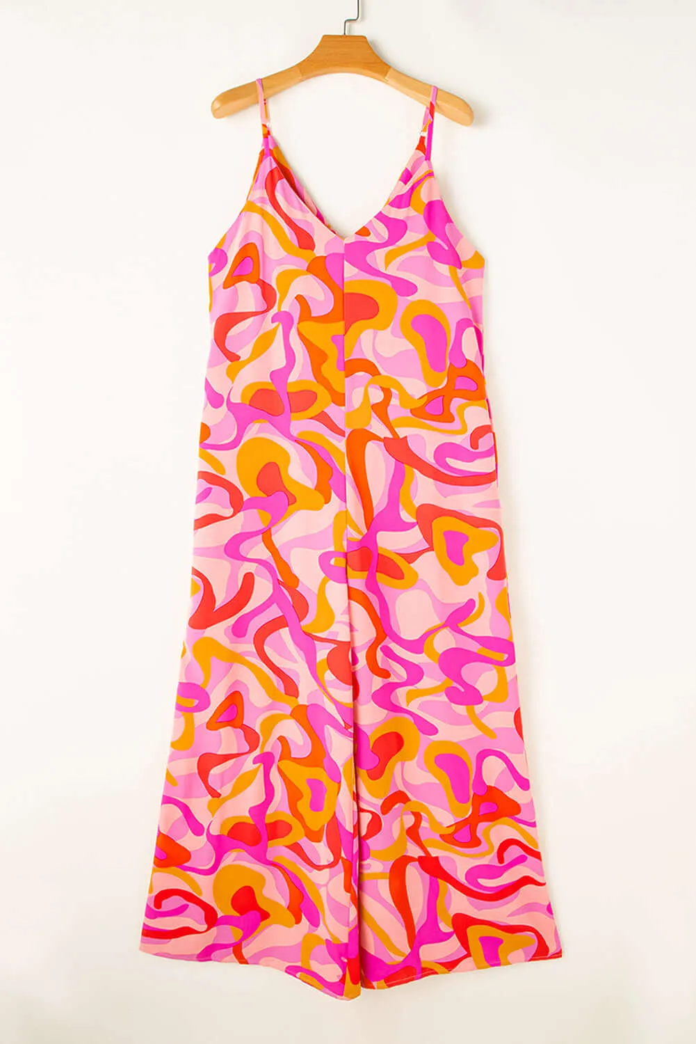 Pink Boho Abstract Print V Neck Wide Leg Jumpsuit