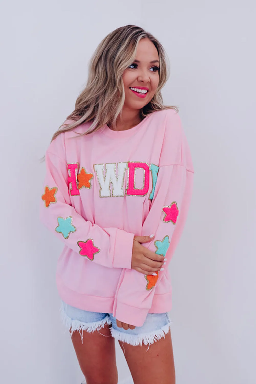 Pink Glitter Howdy Patch Graphic Casual Sweatshirt