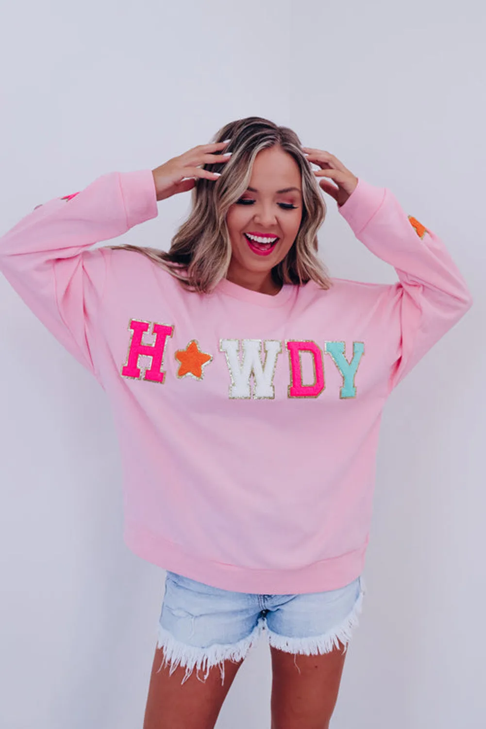 Pink Glitter Howdy Patch Graphic Casual Sweatshirt