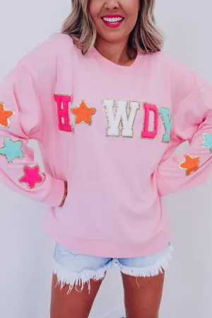 Pink Glitter Howdy Patch Graphic Casual Sweatshirt