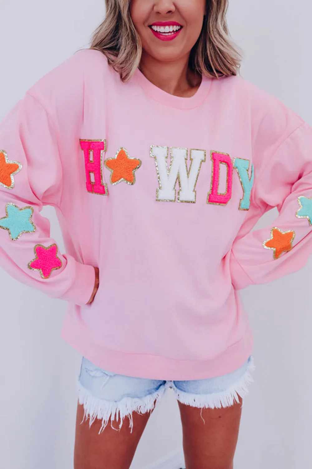 Pink Glitter Howdy Patch Graphic Casual Sweatshirt