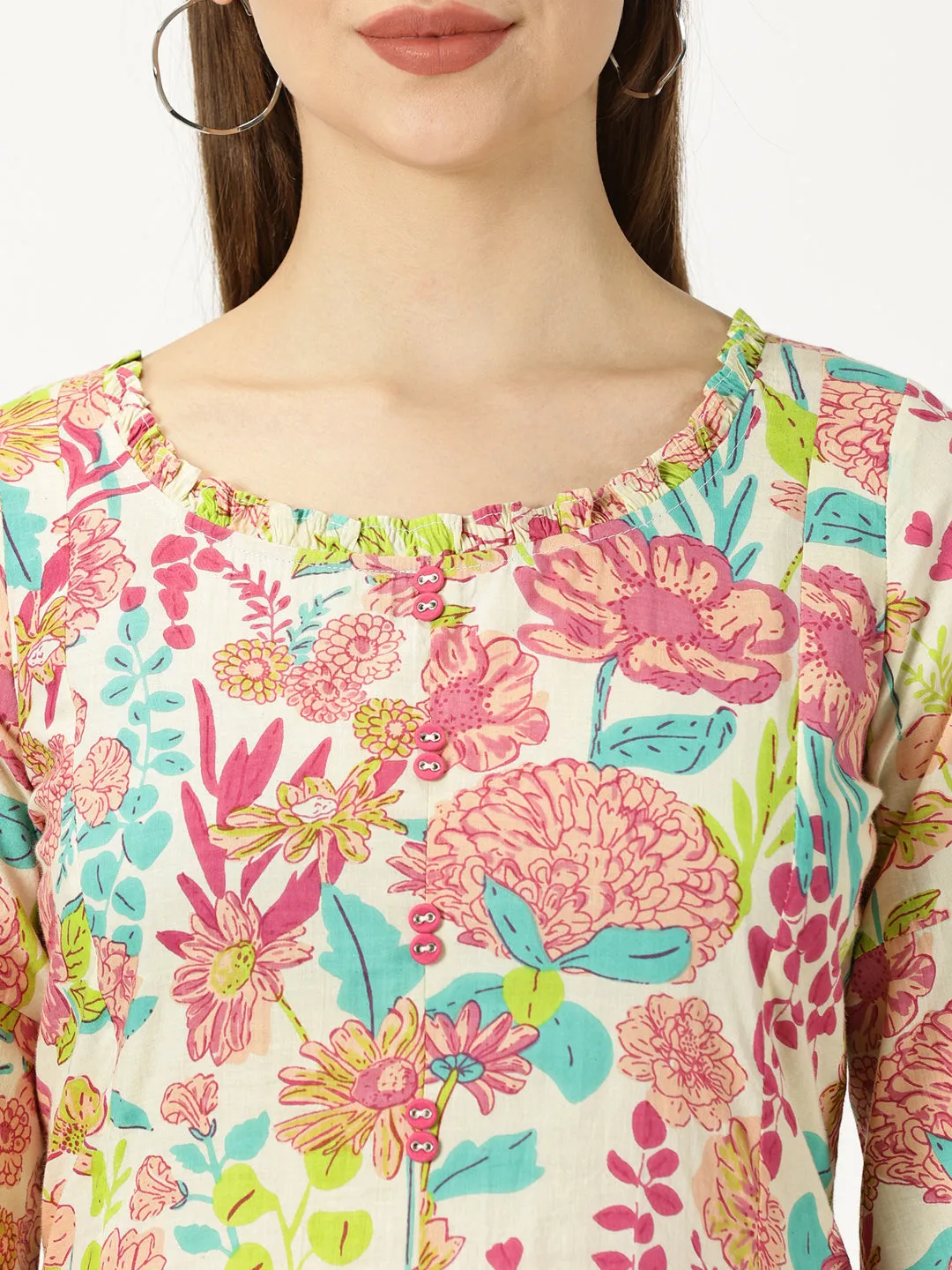 Pink Tropical Print Boho Cotton Dress