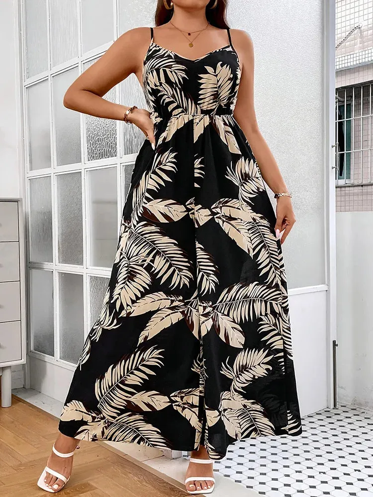 Plus Size Tropical Print Cami Jumpsuits
