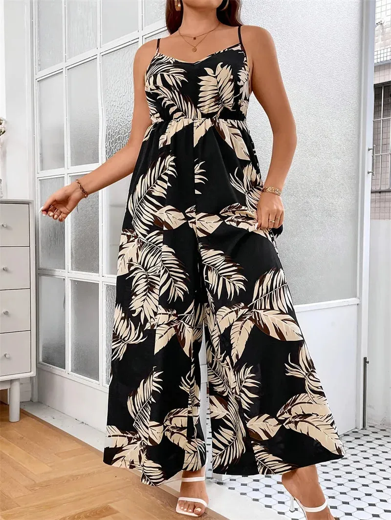 Plus Size Tropical Print Cami Jumpsuits